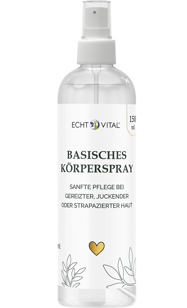 Echt Vital Basisches Körperspray in durchsichtiger Flasche mit weißem Sprühkopf. Enthält 150 ml.