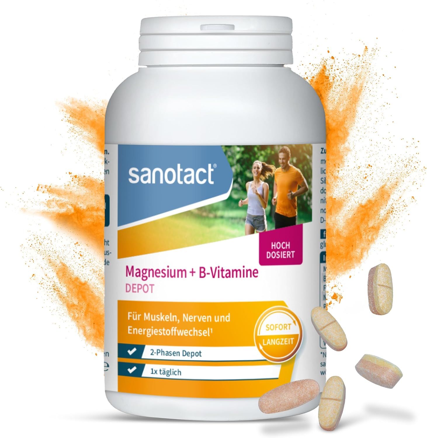 Weiße Flasche Sanotact Magnesium + B-Vitamine Depot. Tabletten daneben. Aufschrift: Für Muskeln, Nerven und Energiestoffwechsel.