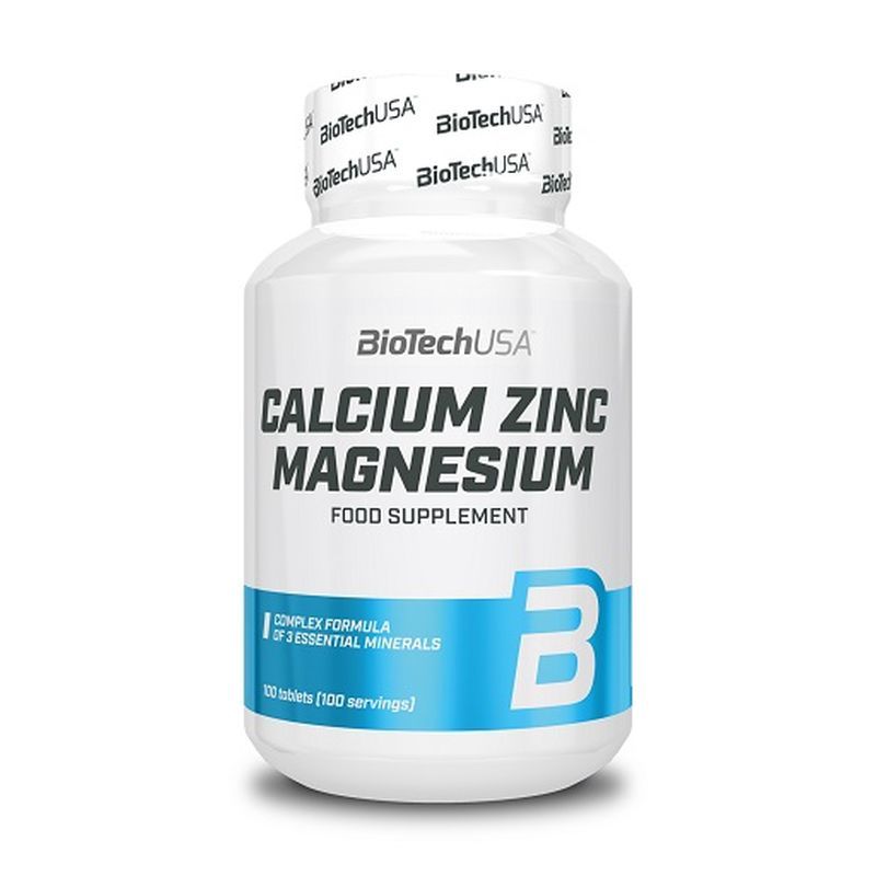 Weiße Flasche mit "BioTechUSA Calcium Zinc Magnesium"-Aufschrift. Enthält Tabletten. Blaue und weiße Etikettendetails. "Food Supplement" steht darunter.
