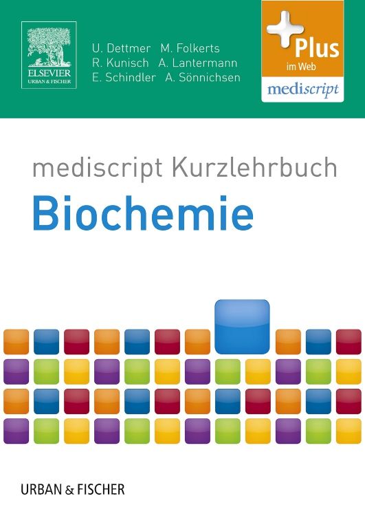 Buchcover mit Titel „mediscript Kurzlehrbuch Biochemie“. Autorennamen und Logos von Elsevier und Urban & Fischer.