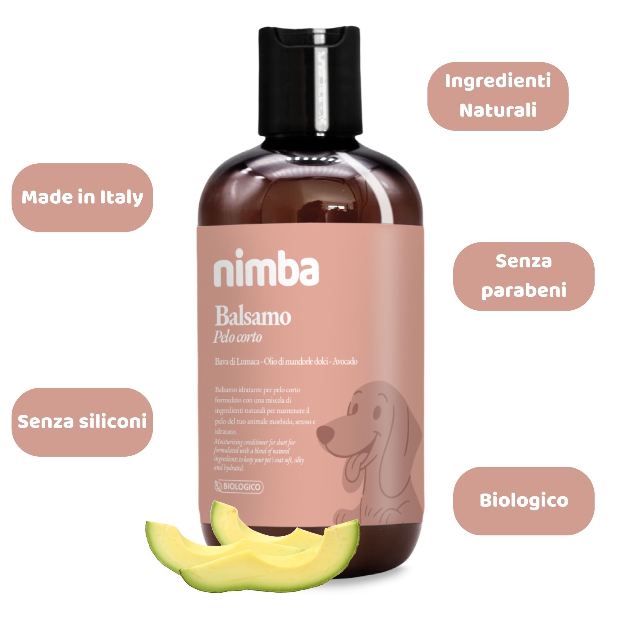 Braune Flasche mit schwarzem Deckel. Etiketten mit Text: 'Made in Italy', 'Ohne Silikone', 'Ohne Parabene', 'Biologisch'.