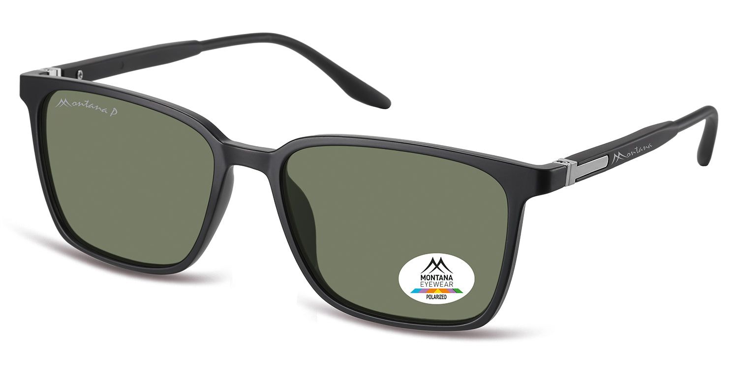 Schwarze Sonnenbrille mit rechteckigen Gläsern. Montana Eyewear Logo auf dem Bügel. Polarisiert-Aufkleber auf dem rechten Glas.