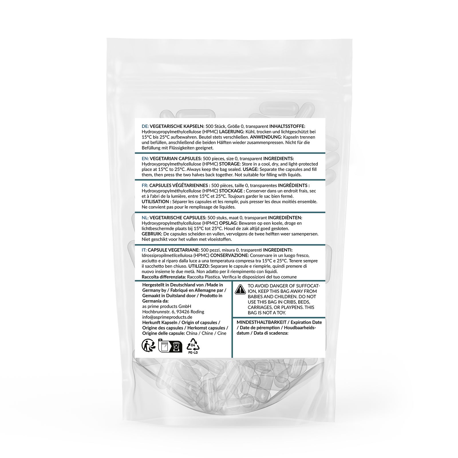 Rückseite einer Verpackung mit veganen Kapseln. Informationen in mehreren Sprachen. Herstellerinformationen, Haltbarkeitsdatum.