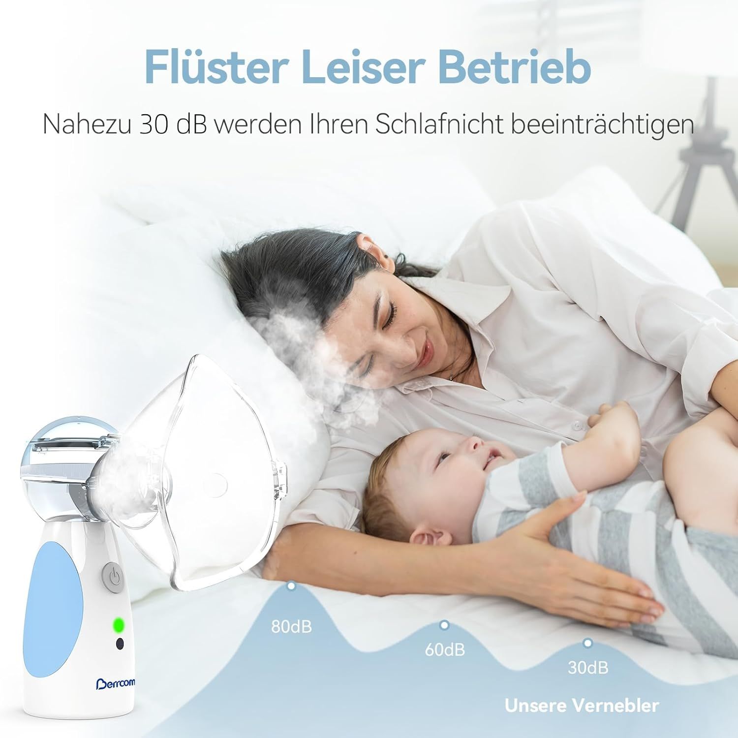 Weiß-blauer Vernebler in Verwendung. Frau und Baby im Bett. Diagramm zeigt Geräuschpegel.