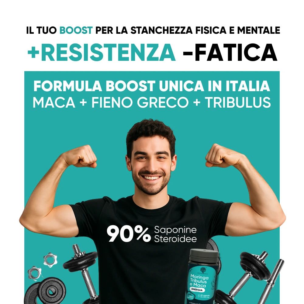 Mann mit Muskeln, trägt ein T-Shirt mit der Aufschrift 90% Saponine Steroidee. Flasche mit Kapseln und Hanteln.