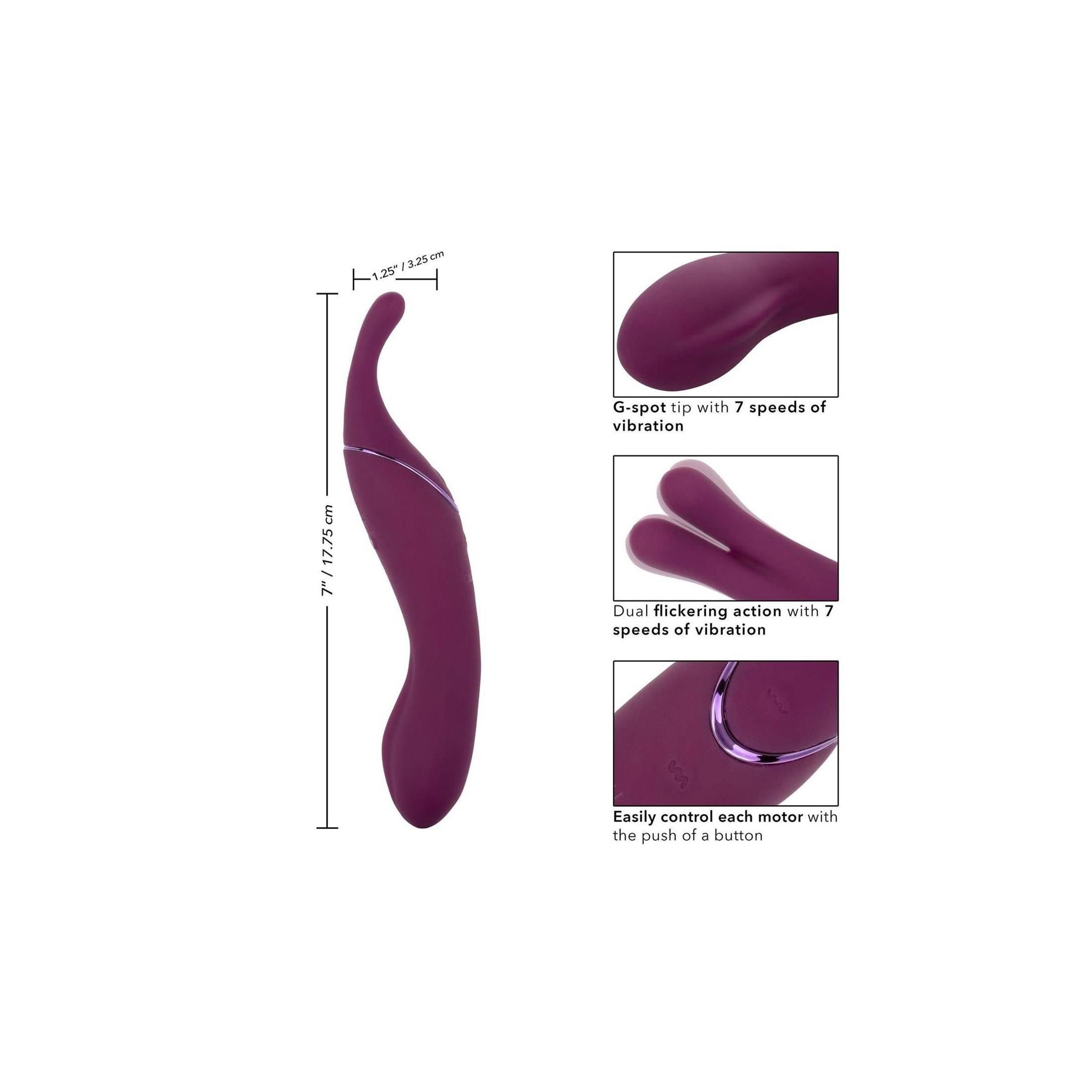 Lila Massagegerät mit G-Punkt-Spitze und doppelter Aktion. 7 Vibrationsstufen. Abmessungen: 7 Zoll / 17,75 cm.