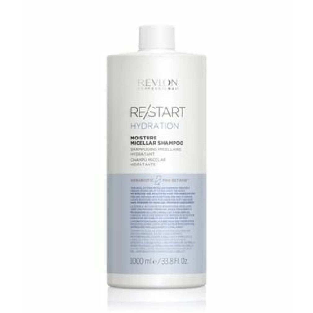 Weißer Shampoo-Behälter mit blauem Etikett. Aufschrift: Revlon Re-Start Hydration, Moisture Micellar Shampoo. 1000 ml.