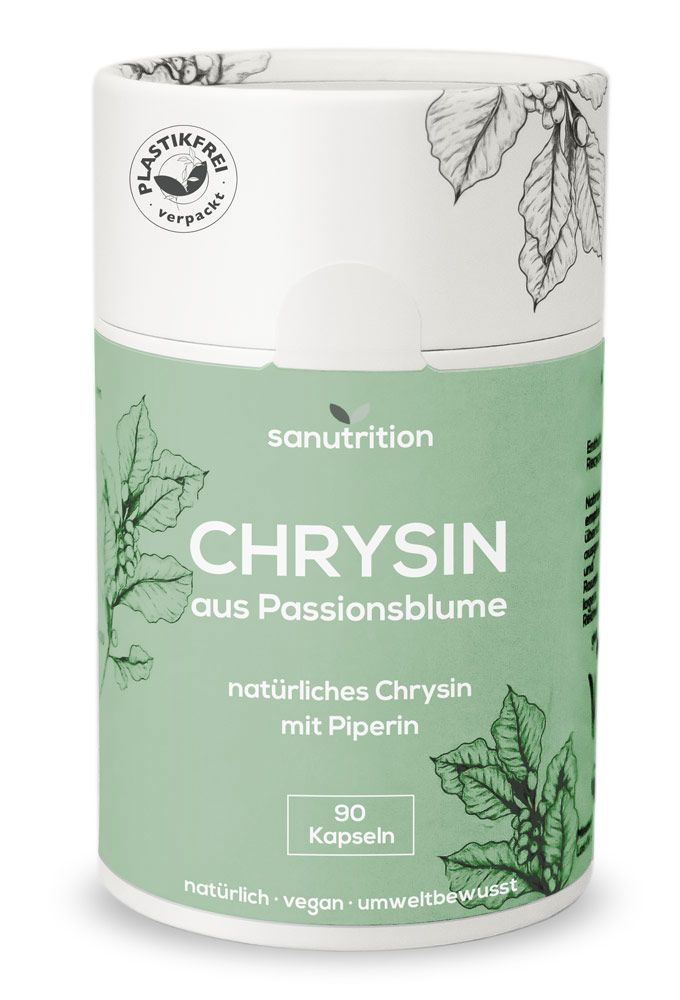 Zylindrische Dose mit Sanutrition Chrysin aus Passionsblume. Grün-weiße Verpackung mit Aufschrift und 90 Kapseln. Plastikfrei verpackt.