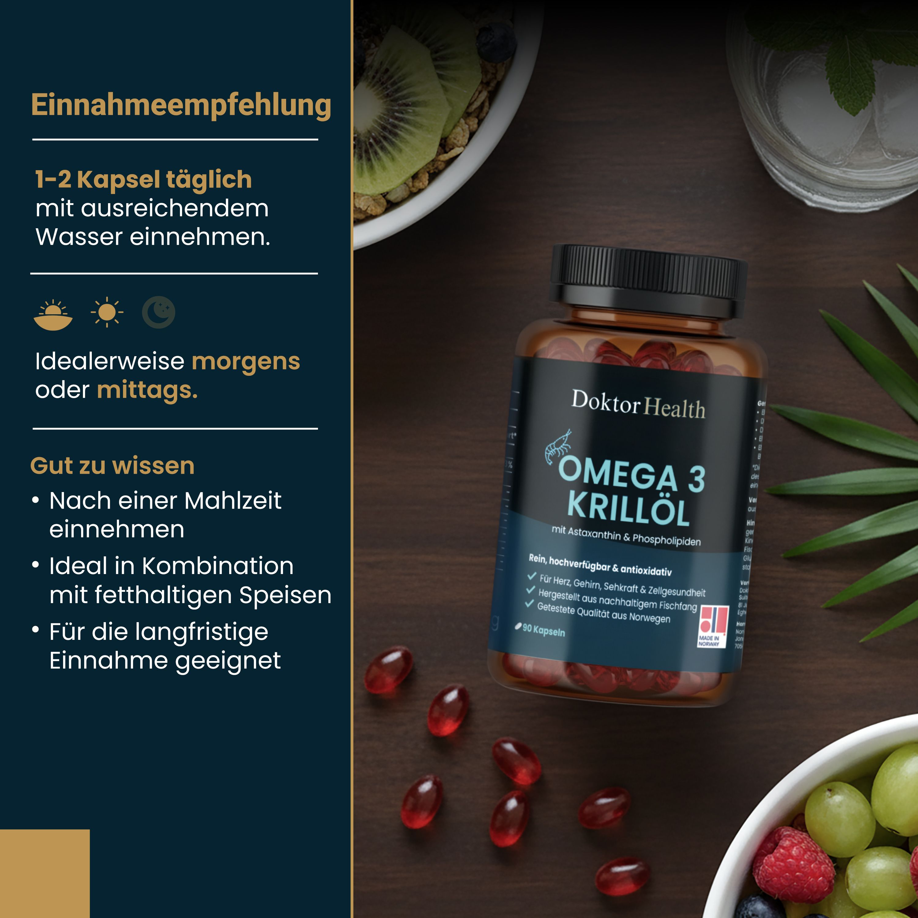 Braune Flasche mit Kapseln und Früchten. Text: Doktor Health Omega 3 Krillöl. Einnahmeempfehlung: 1-2 Kapseln täglich mit Wasser.