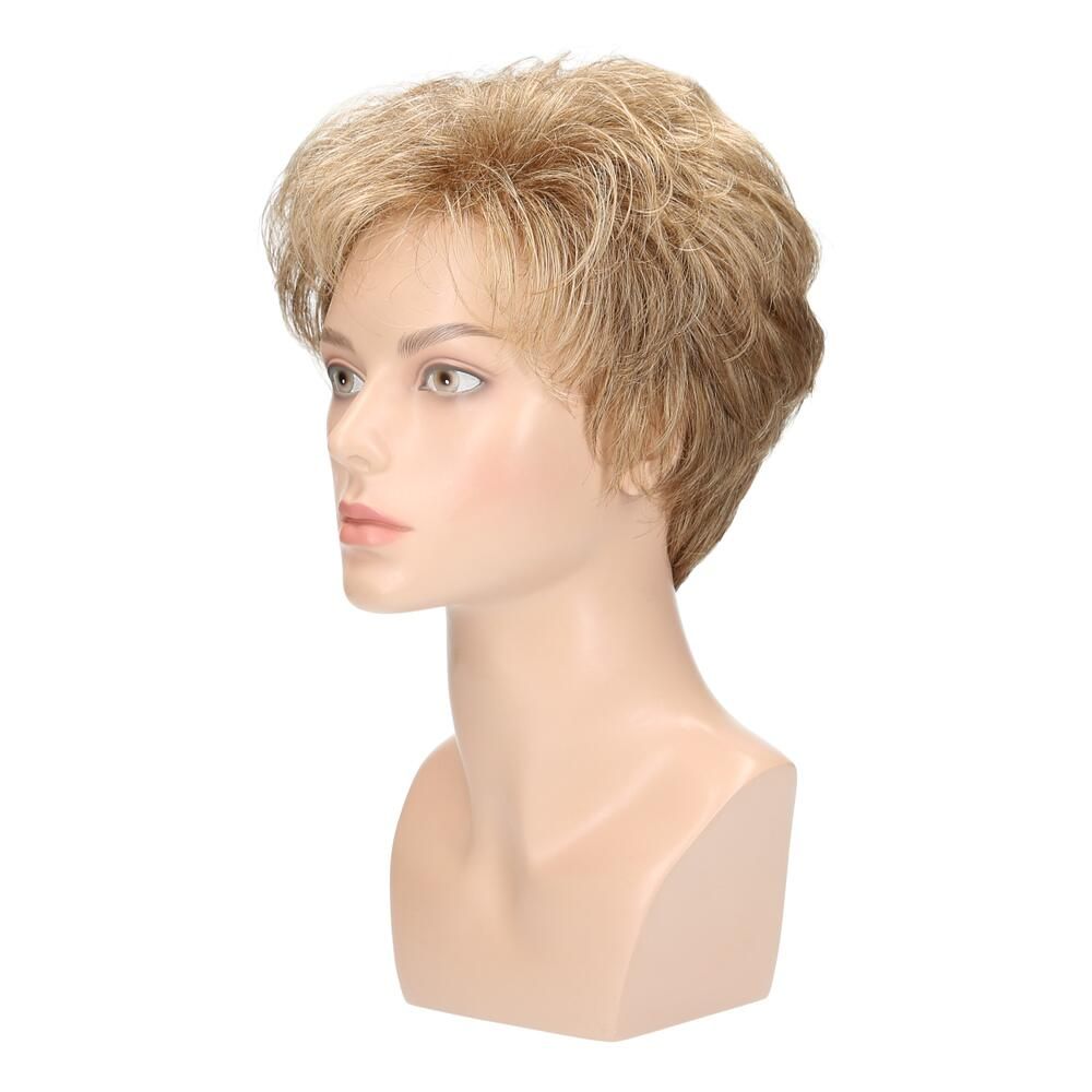 Perücke Sofie von Lofty, blond-meliert, auf Schaufensterkopf. Seitenansicht.