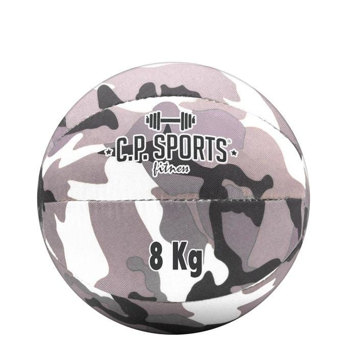 Grau-weißer Medizinball mit Tarnmuster. Gewicht: 8 kg. Logo: C.P. Sports Fitness.