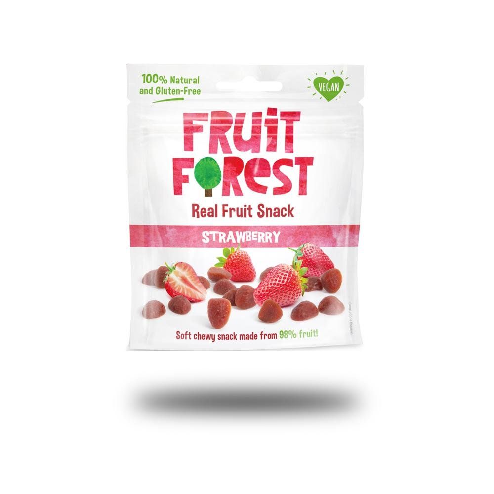 Verpackung mit Fruchtgummi. Aufschrift: Fruit Forest, Erdbeere, 100% natürlich und glutenfrei, vegan. Abgebildet sind Erdbeeren und Fruchtgummis.