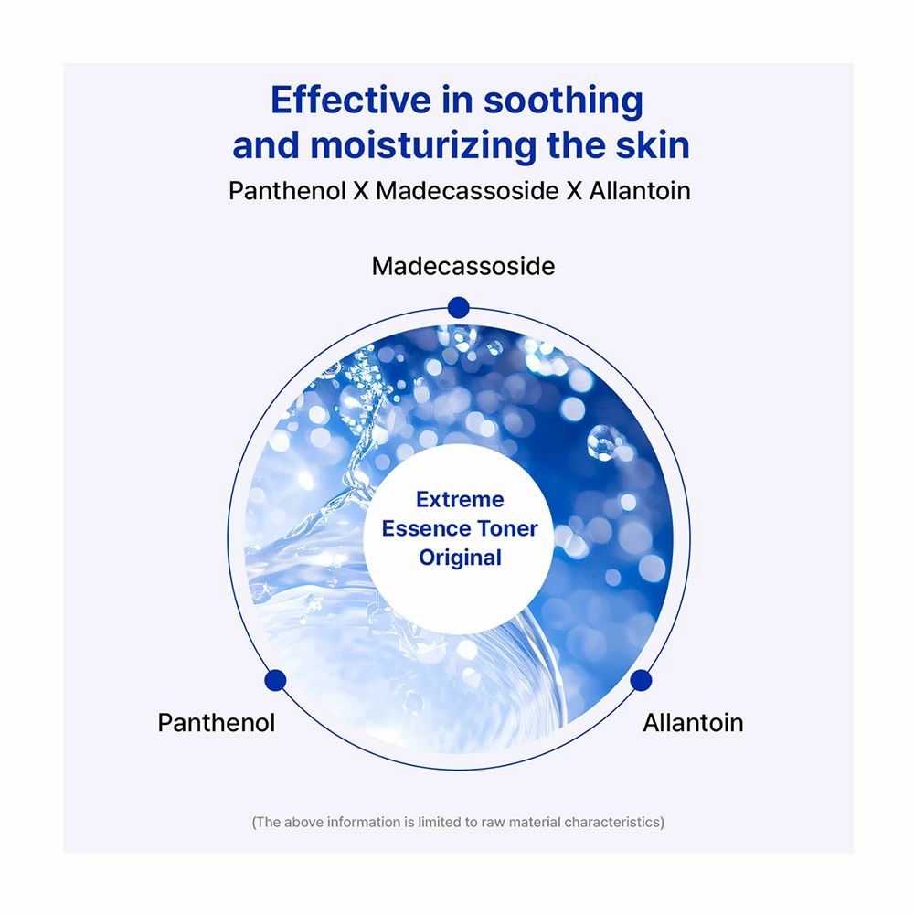 Kreisförmige Grafik mit Text: Extreme Essence Toner Original, Panthenol, Madecassoside, Allantoin. Wasser-Illustration.