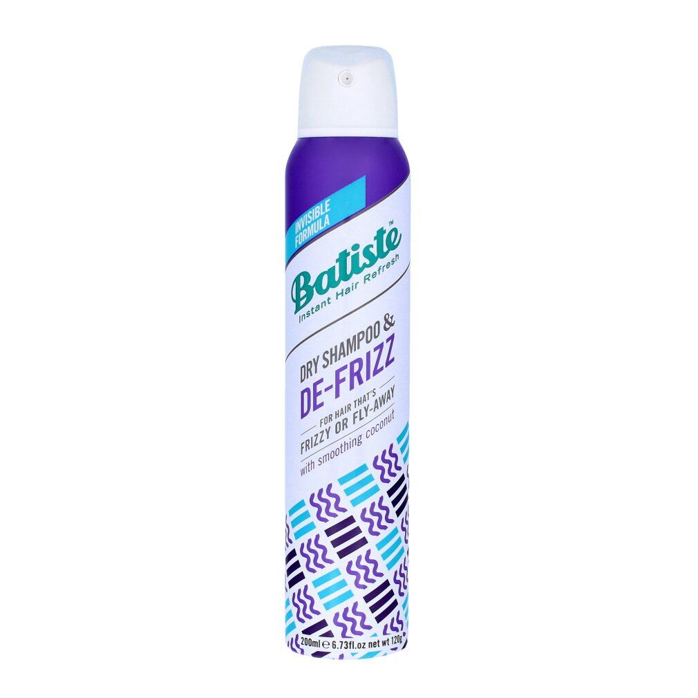 Batiste Trockenshampoo De-Frizz. Lila Dose mit weißem Deckel. Text: Instant Hair Refresh, Dry Shampoo & De-Frizz.