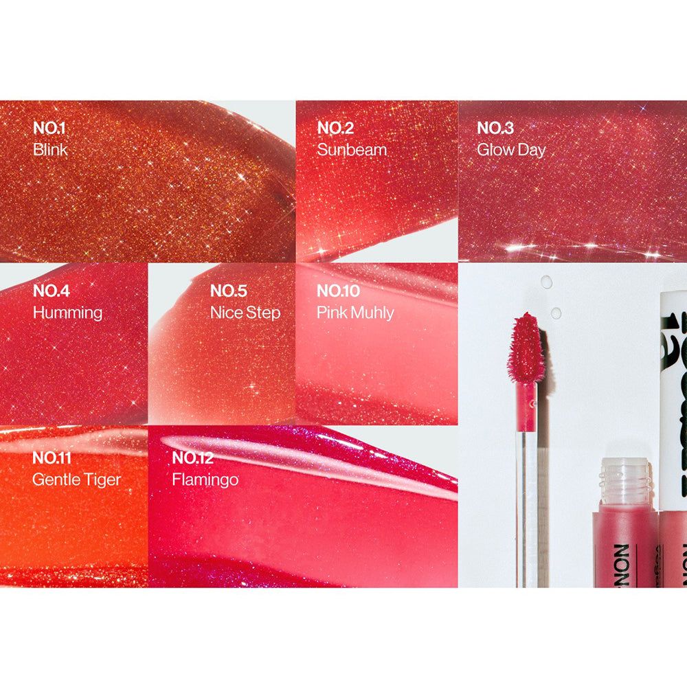 Verschiedene Farbtöne von Lipgloss. Aufschrift: Non-Sticky Dazzle Tint. Farbnummern: 1, 2, 3, 4, 5, 10, 11, 12.