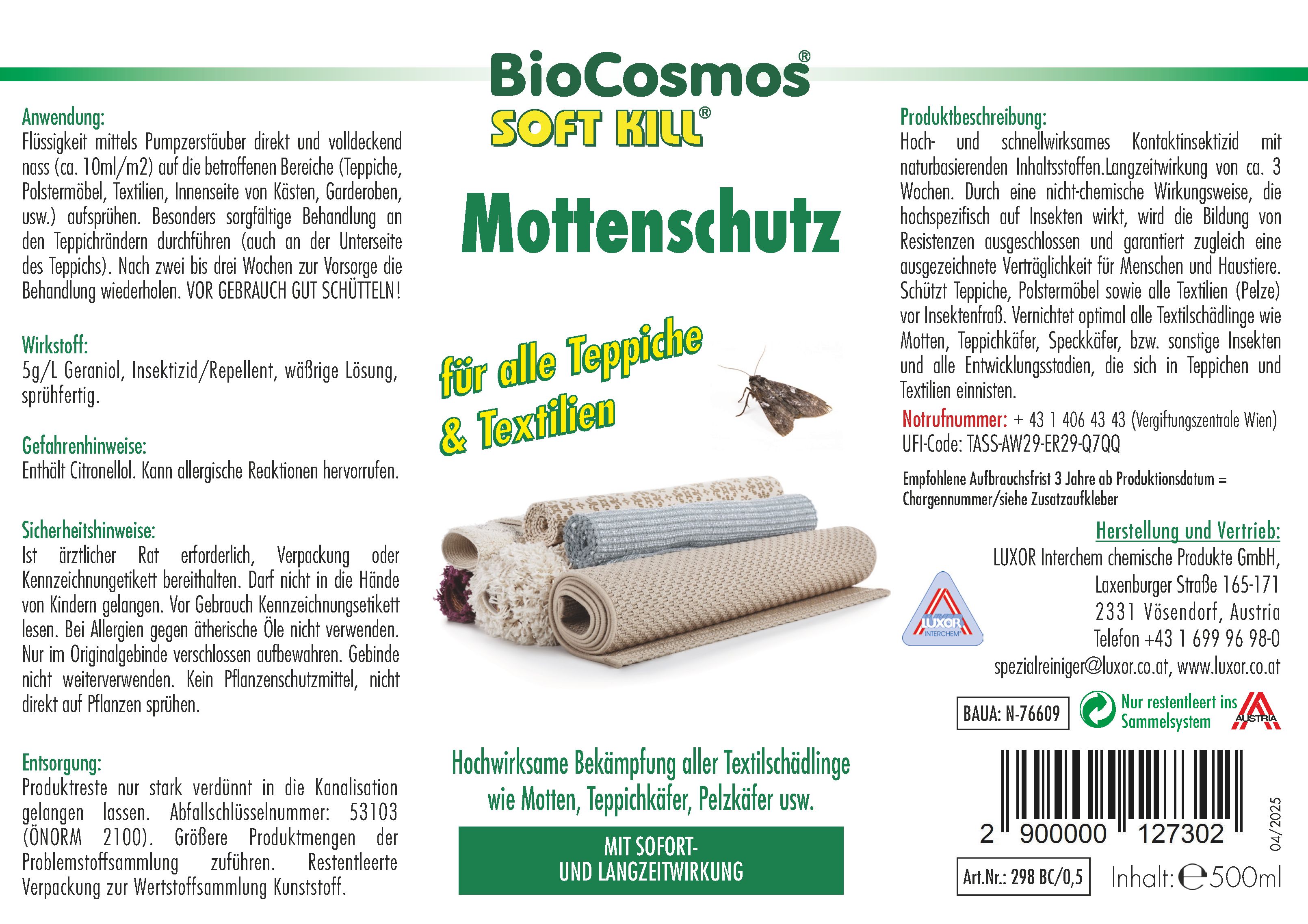 Etikett mit Produktnamen BioCosmos Mottenschutz. Text für Teppiche & Textilien. Abbildung von Teppichrollen und Motte.