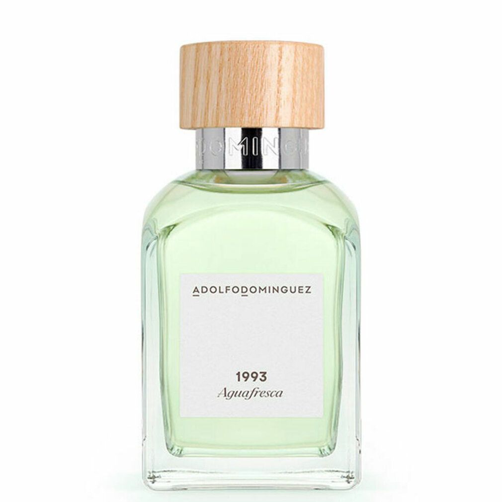 Glasflasche mit Holzdeckel. Aufschrift "ADOLFODOMINGUEZ", "1993" und "Aguafresca".