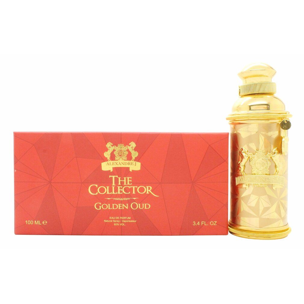 Goldfarbener Flakon neben roter Verpackung. Auf der Verpackung steht The Collector Golden Oud.