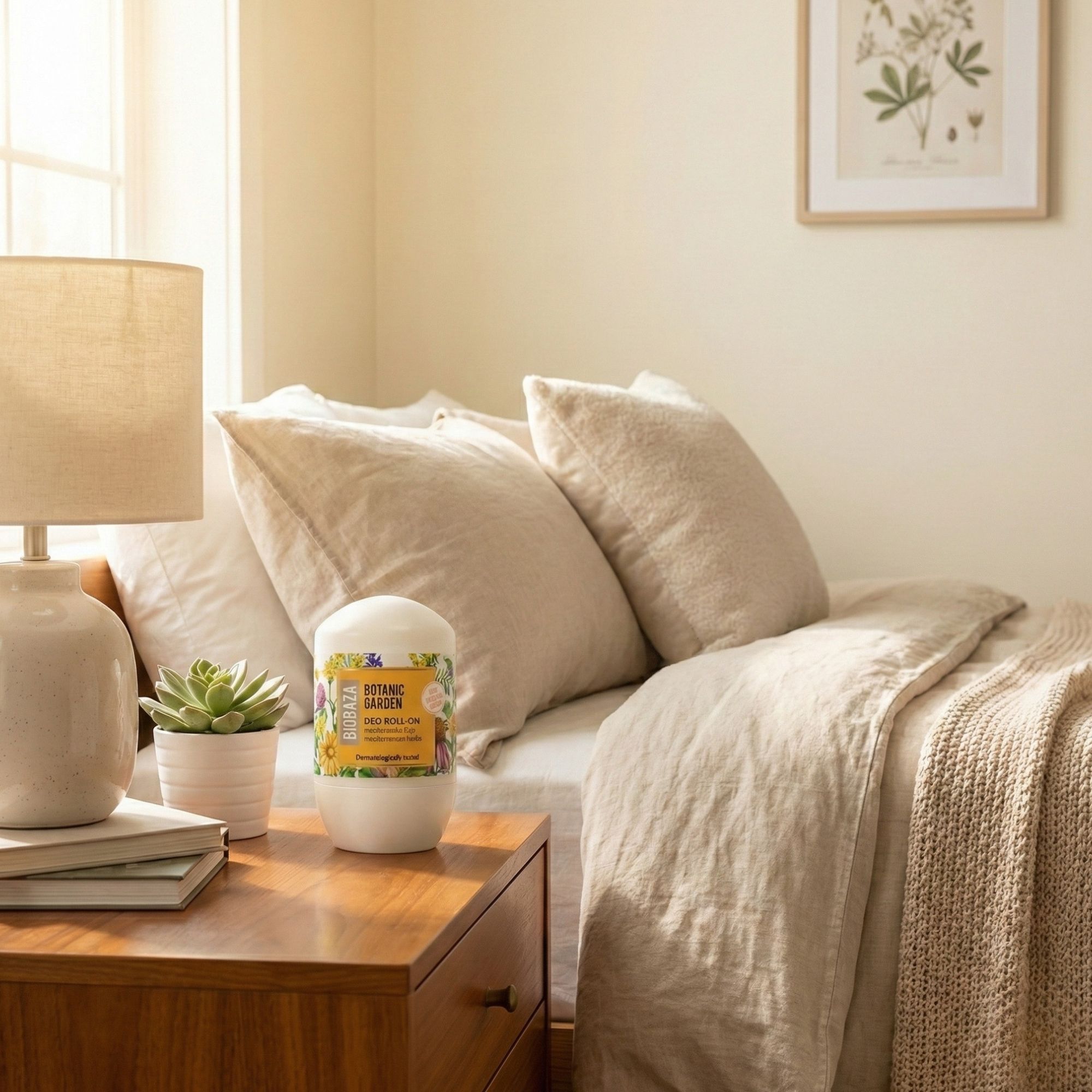 Weißer Deo Roll-on mit floralem Etikett auf einem Nachttisch. Neben einer Lampe und einem kleinen Topf mit Pflanze.