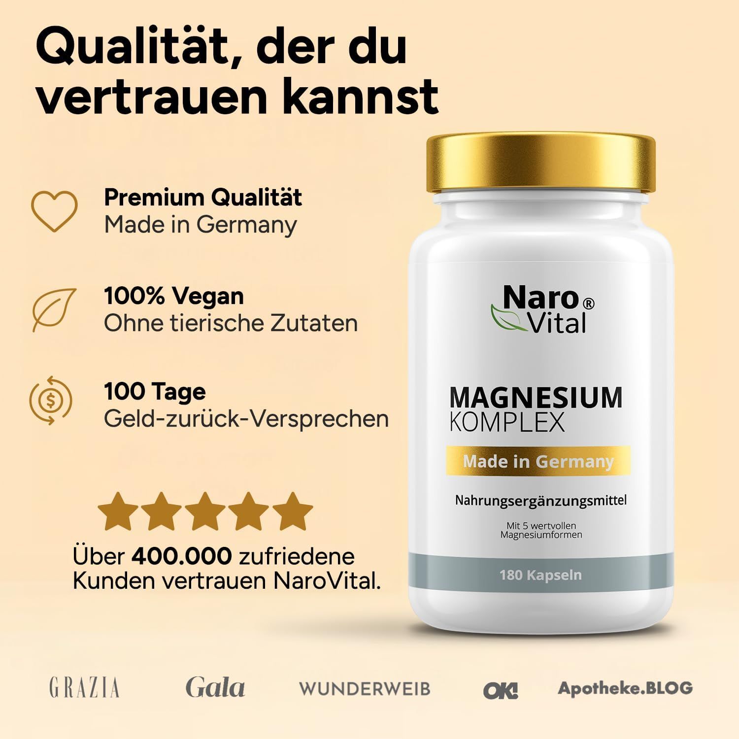 Weiße Flasche mit goldfarbenem Deckel. Text: Qualität, der du vertrauen kannst. 100% Vegan, 100 Tage Geld-zurück-Versprechen.