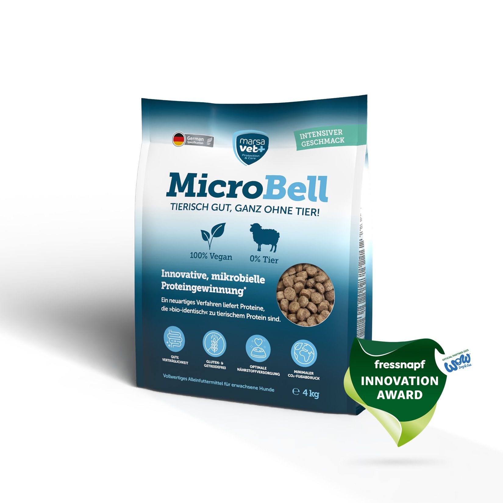 Hundefutter-Beutel. Aufdruck: MicroBell, 100% Vegan, 0% Tier. Enthält Futterkroketten. Auszeichnung: Fressnapf Innovation Award.