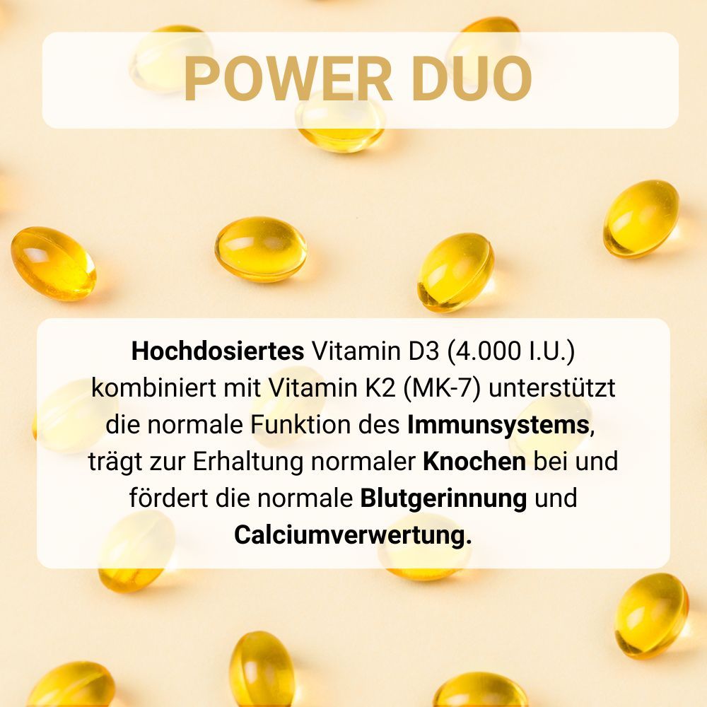 Gelbe Kapseln und Text: Hochdosiertes Vitamin D3 kombiniert mit Vitamin K2 unterstützt das Immunsystem.