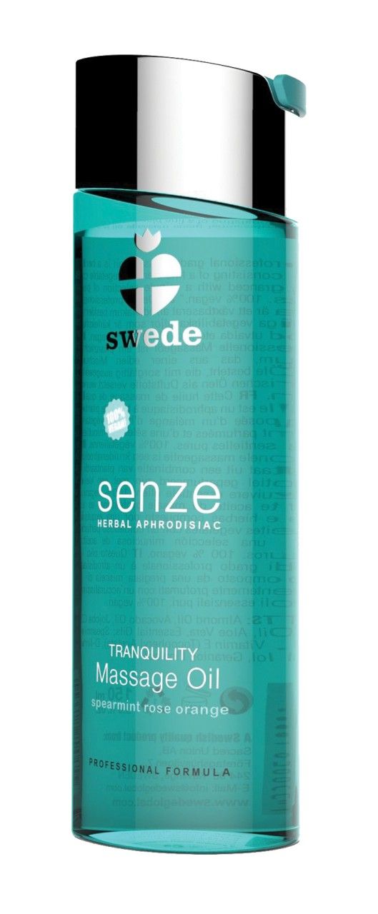 Swede Senze Massageöl Flasche mit silbernem Verschluss. Türkise Flüssigkeit, silberner Schriftzug.