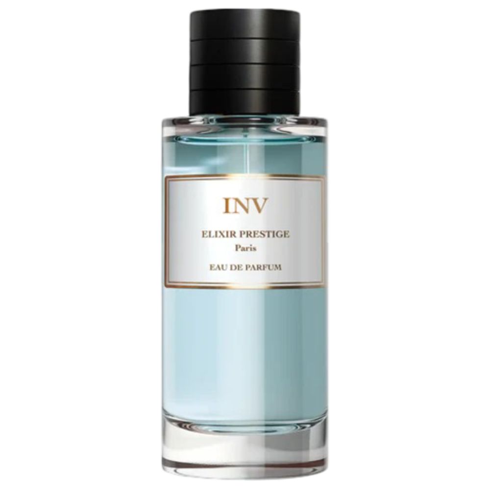 Parfümflakon mit schwarzem Deckel. Etikett mit INV, Elixir Prestige, Paris und Eau de Parfum. Hellblaue Flüssigkeit.