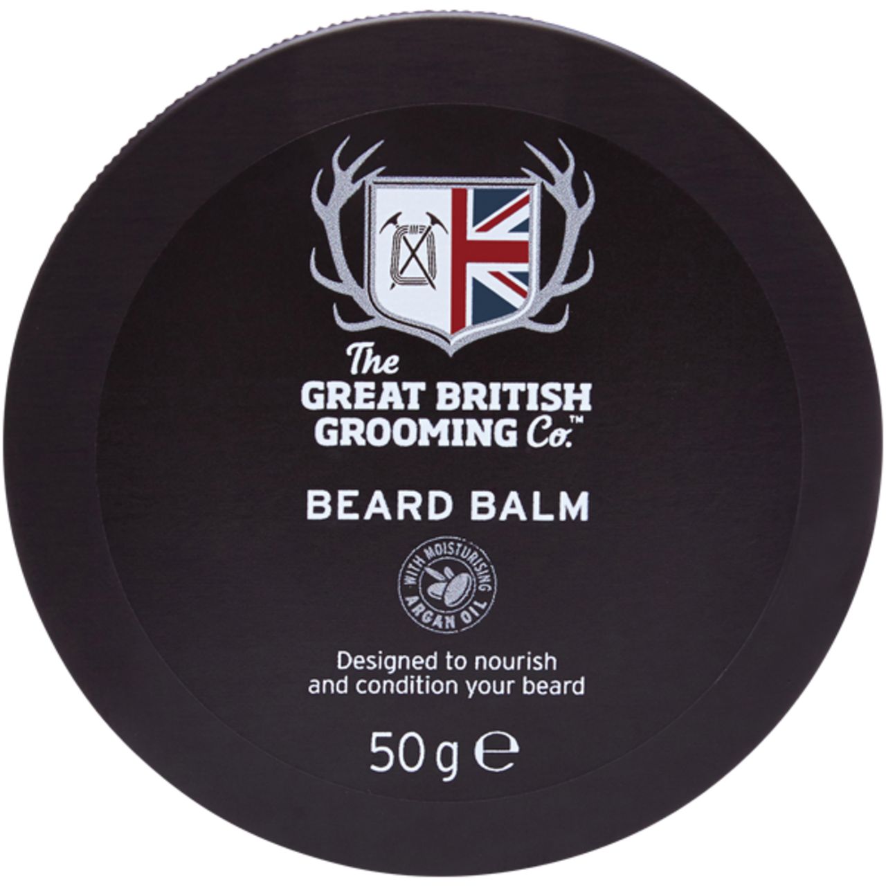 Runde, schwarze Dose mit Deckel. Aufschrift: The Great British Grooming Co., Beard Balm, 50g e. Mit Arganöl.