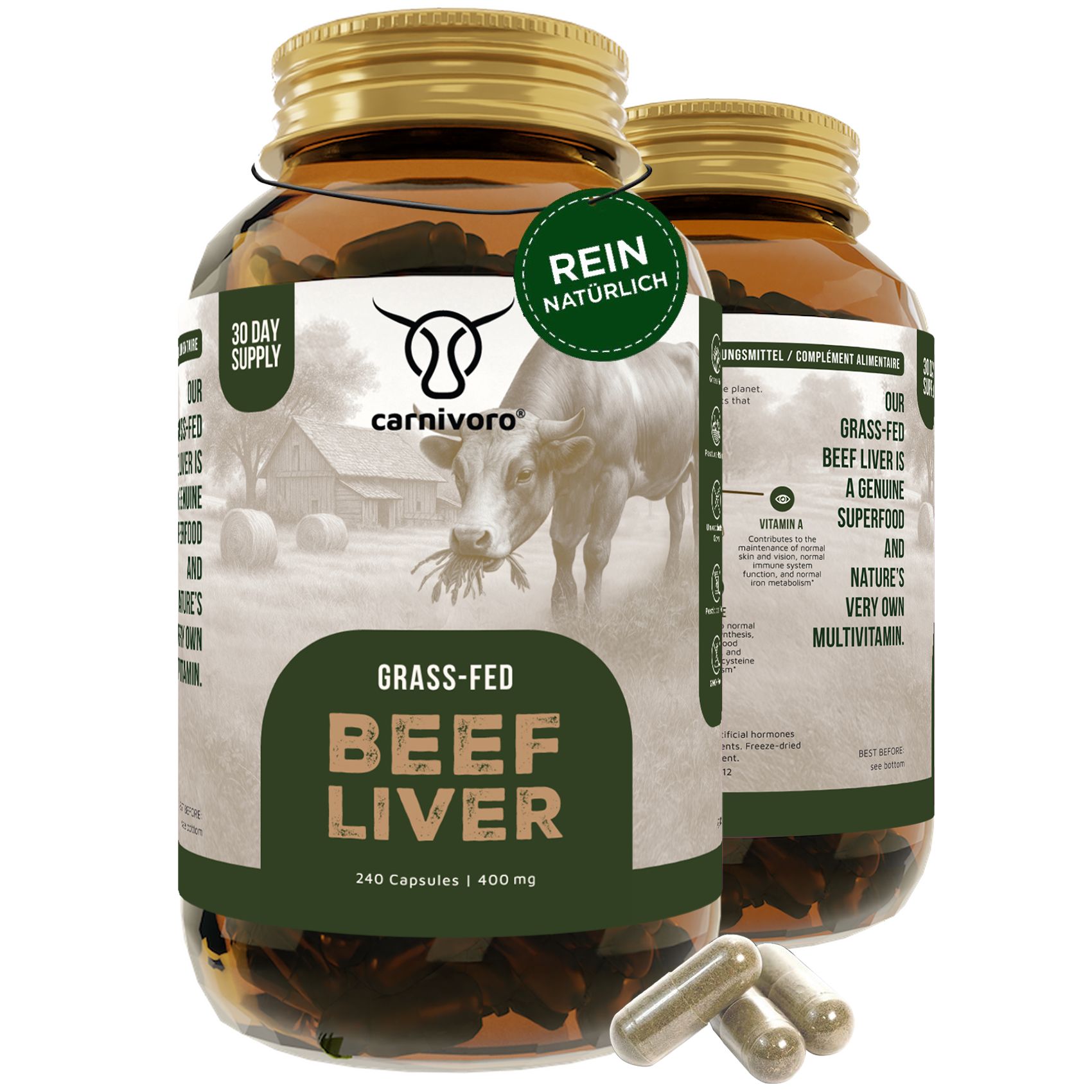 Zwei Glasflaschen mit Kapseln. Aufschrift: Grass-Fed Beef Liver. Etikett mit Kuh-Illustration und Logo. Kapseln liegen daneben.