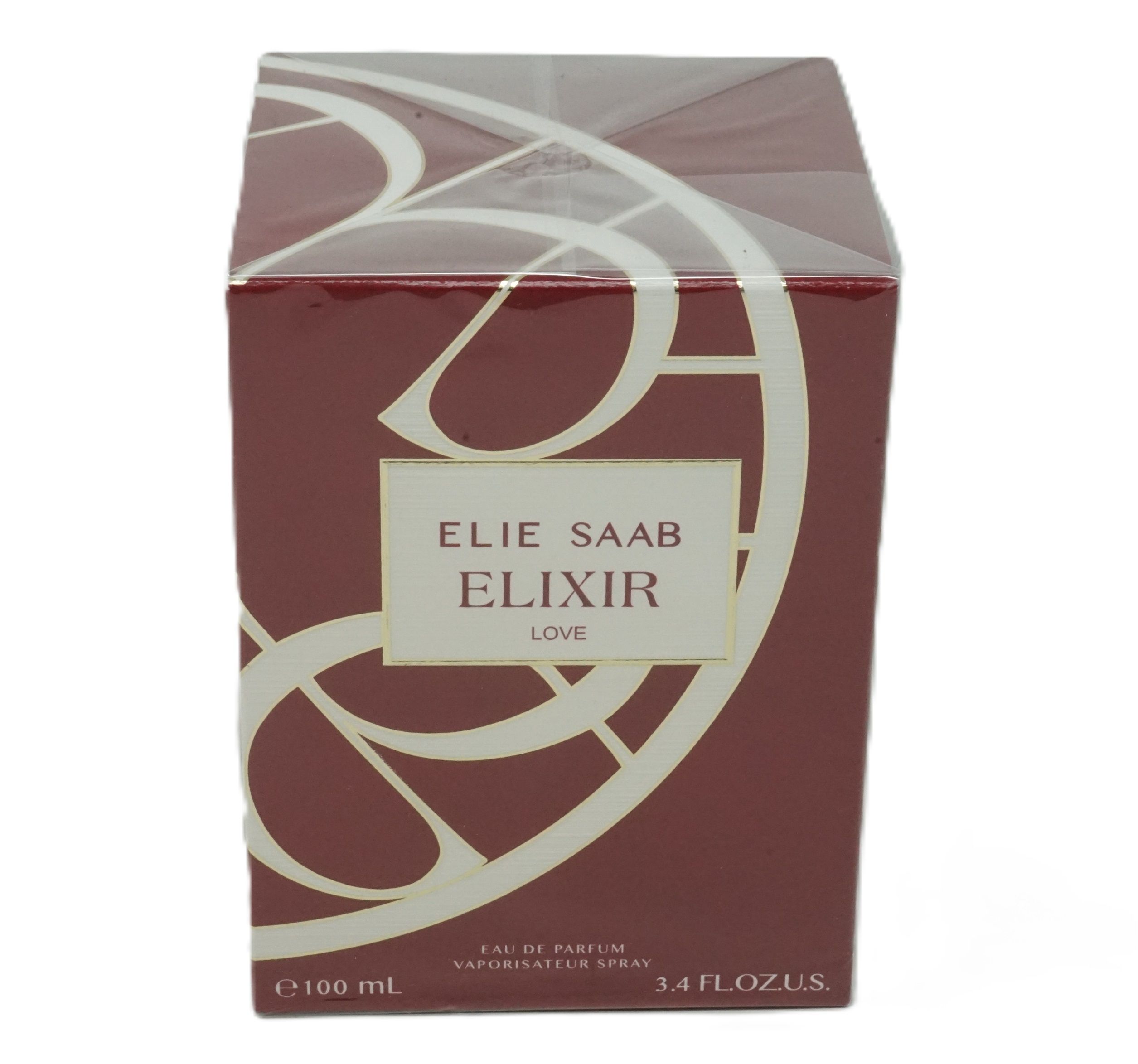 Rote Parfumbox mit weißem Logo. Text: ELIE SAAB ELIXIR LOVE. Ecken mit dekorativem Muster. Dunkelroter Hintergrund.