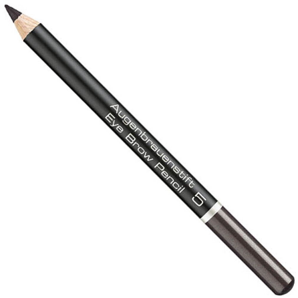 Augenbrauenstift, dunkelgrau, mit schwarzem Schaft. Aufschrift: Augenbrauenstift, Eye Brow Pencil, 5. Spitze und unteres Ende farblich abgesetzt.