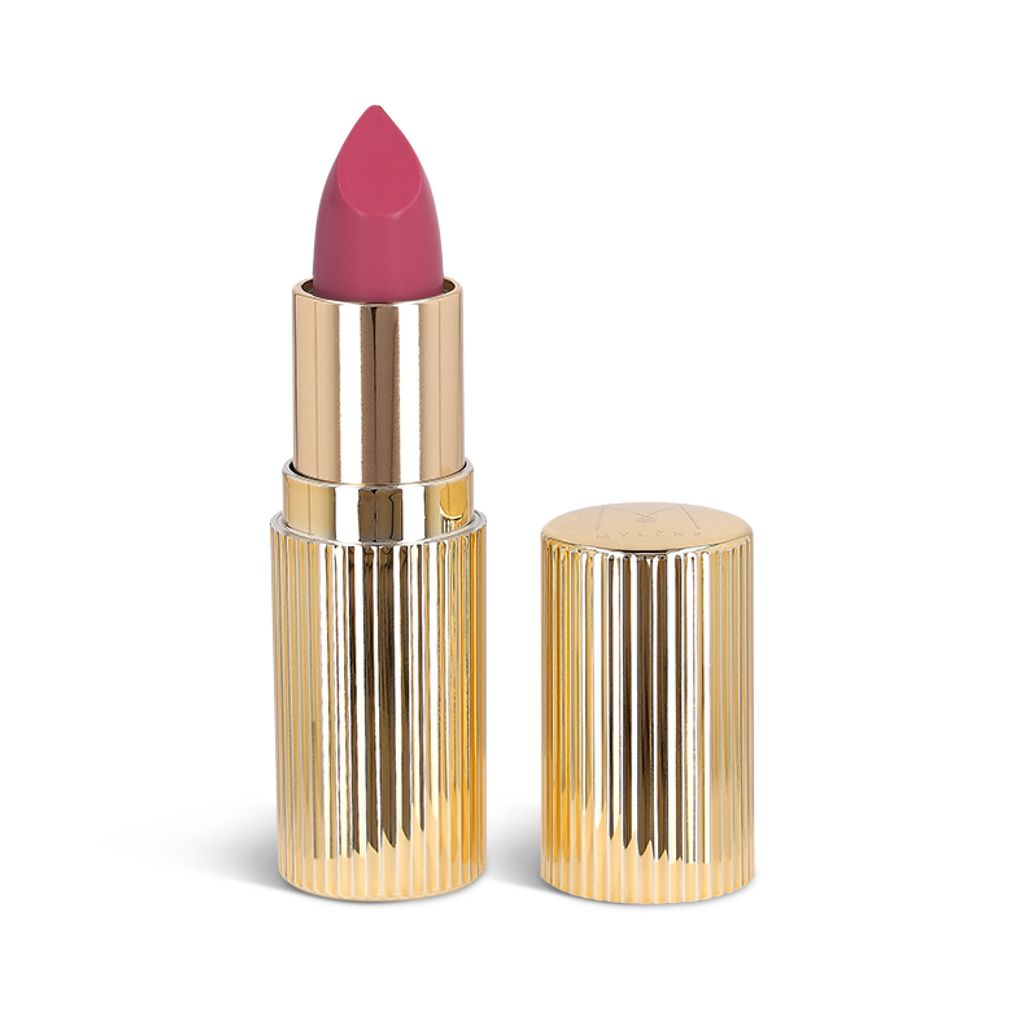 Offener goldener Lippenstiftbehälter mit rosafarbenem Lippenstift. Deckel daneben.