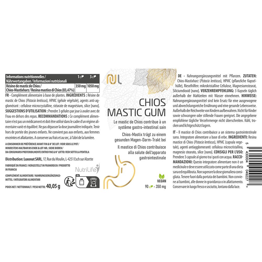 Produktetikett mit Informationen zu Chios Mastic Gum. Enthält Inhaltsstoffe, Dosierung, Hinweise und Nährwertangaben.