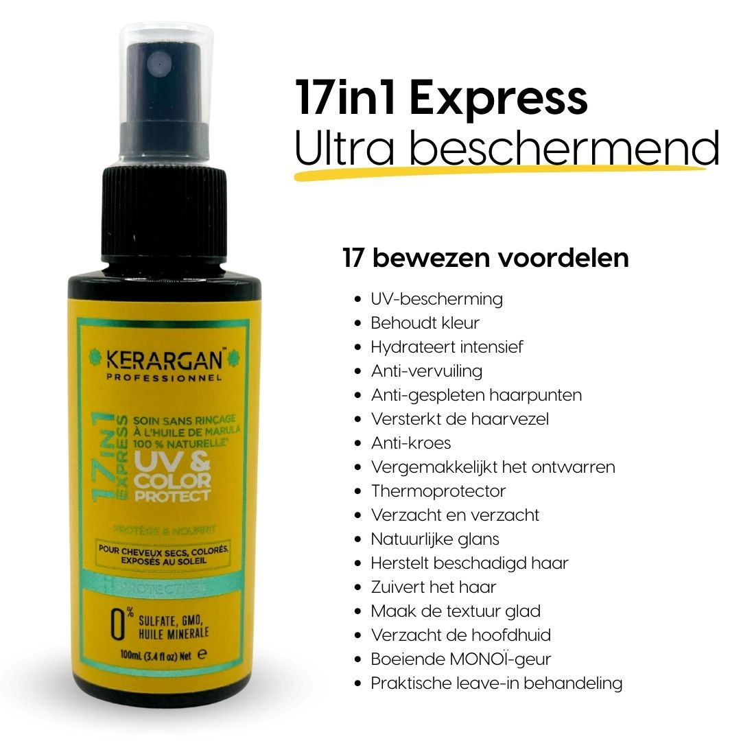 Kerargan UV & Color Protect tonic. Gele fles met spraykop. Tekst: 17in1 Express UV & Color Protect. Voordelen opgesomd.
