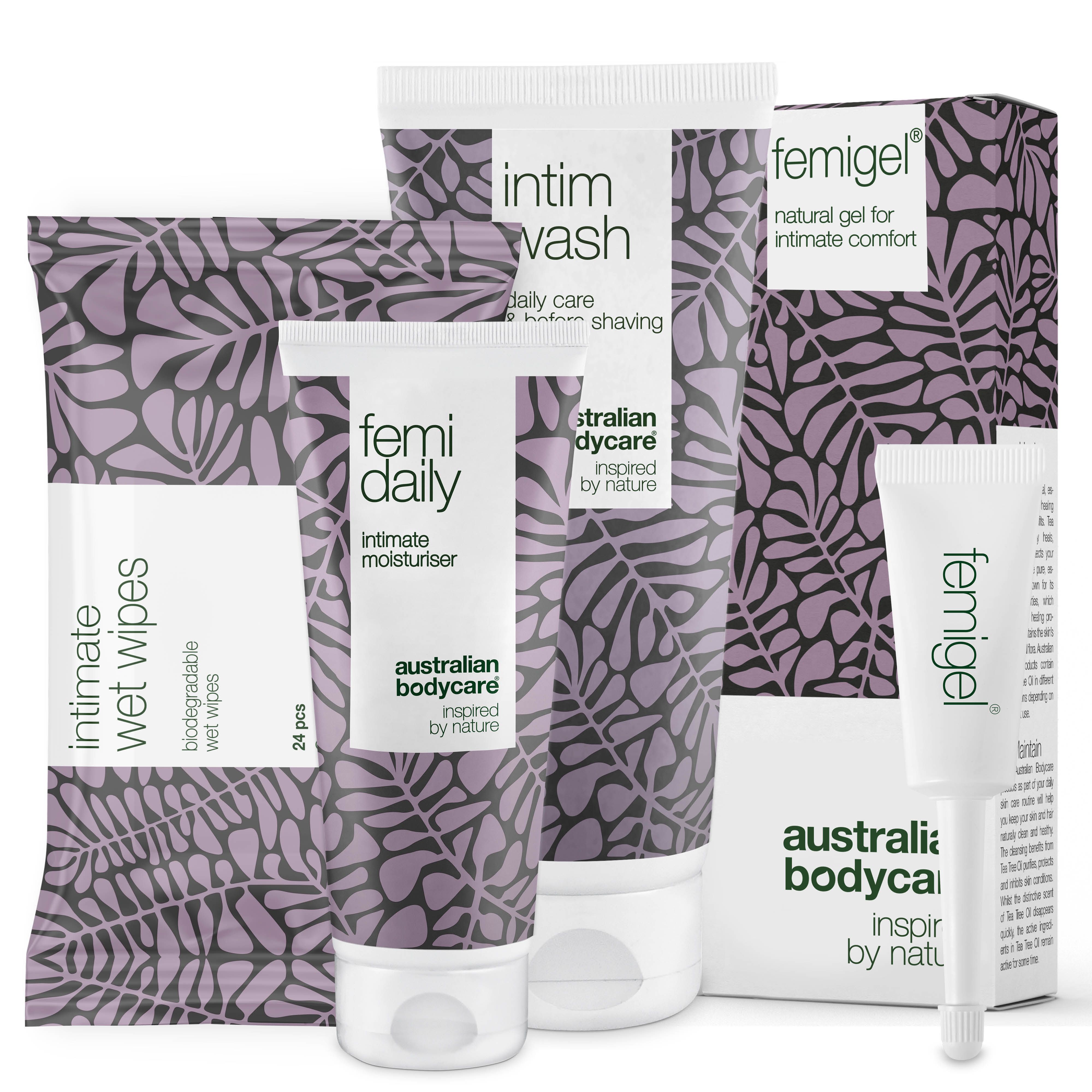 Plusieurs produits d'hygiène intime. Tubes, lingettes et emballages avec motif de feuilles. Nom de la marque visible.