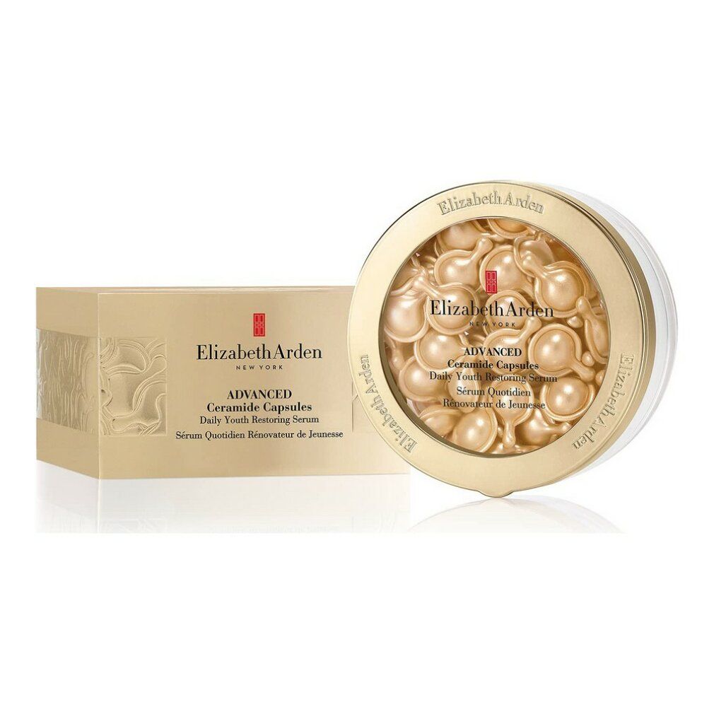 Produktverpackung und Behälter mit Kapseln. Aufschrift: Elizabeth Arden, Advanced Ceramide Capsules.
