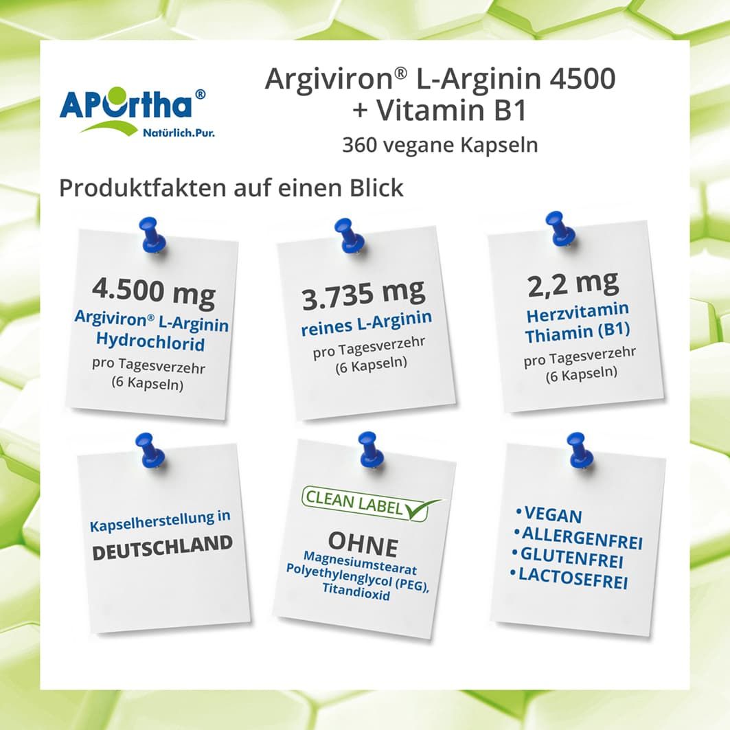 Infografik mit Produktfakten. Notizzettel mit Inhaltsstoffen: L-Arginin, Thiamin (B1). Vegan, glutenfrei, laktosefrei.