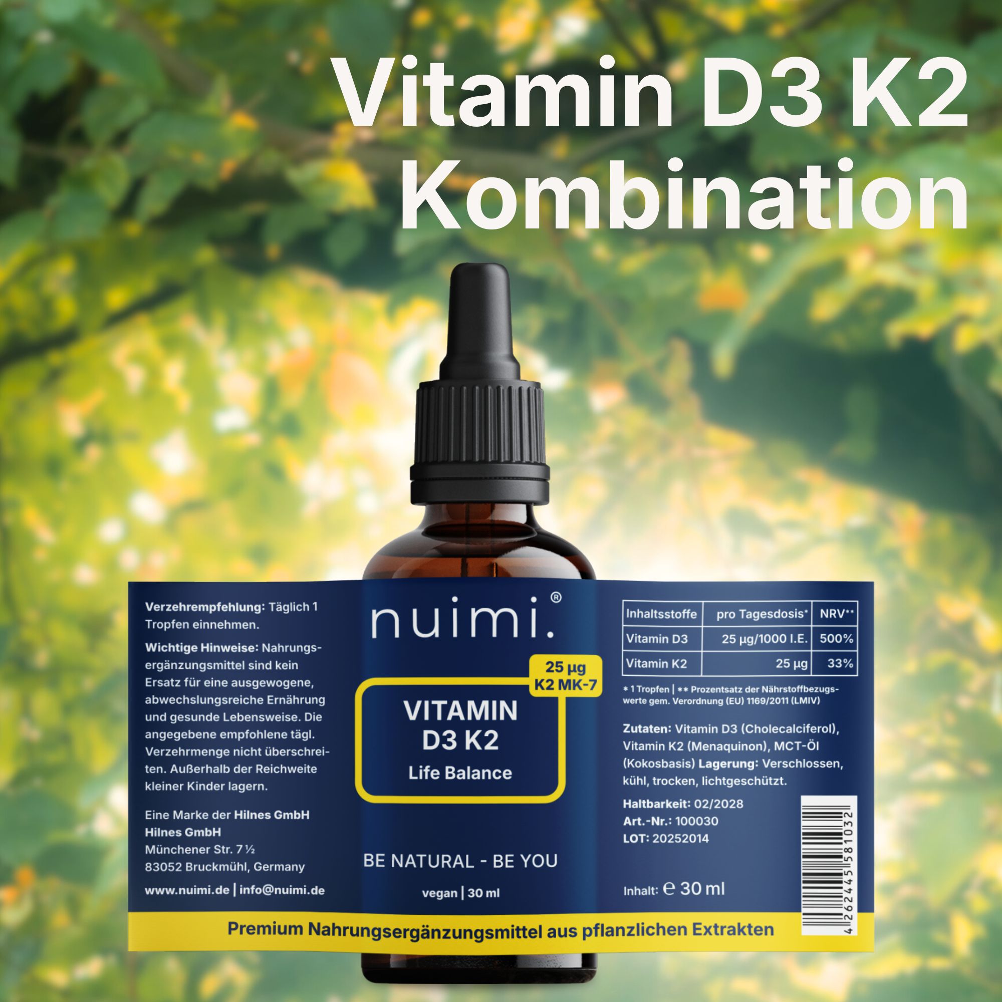 Etikett auf nuimi Vitamin D3 K2 Life Balance Flasche mit Dosierungsangaben und Inhaltsstoffen.