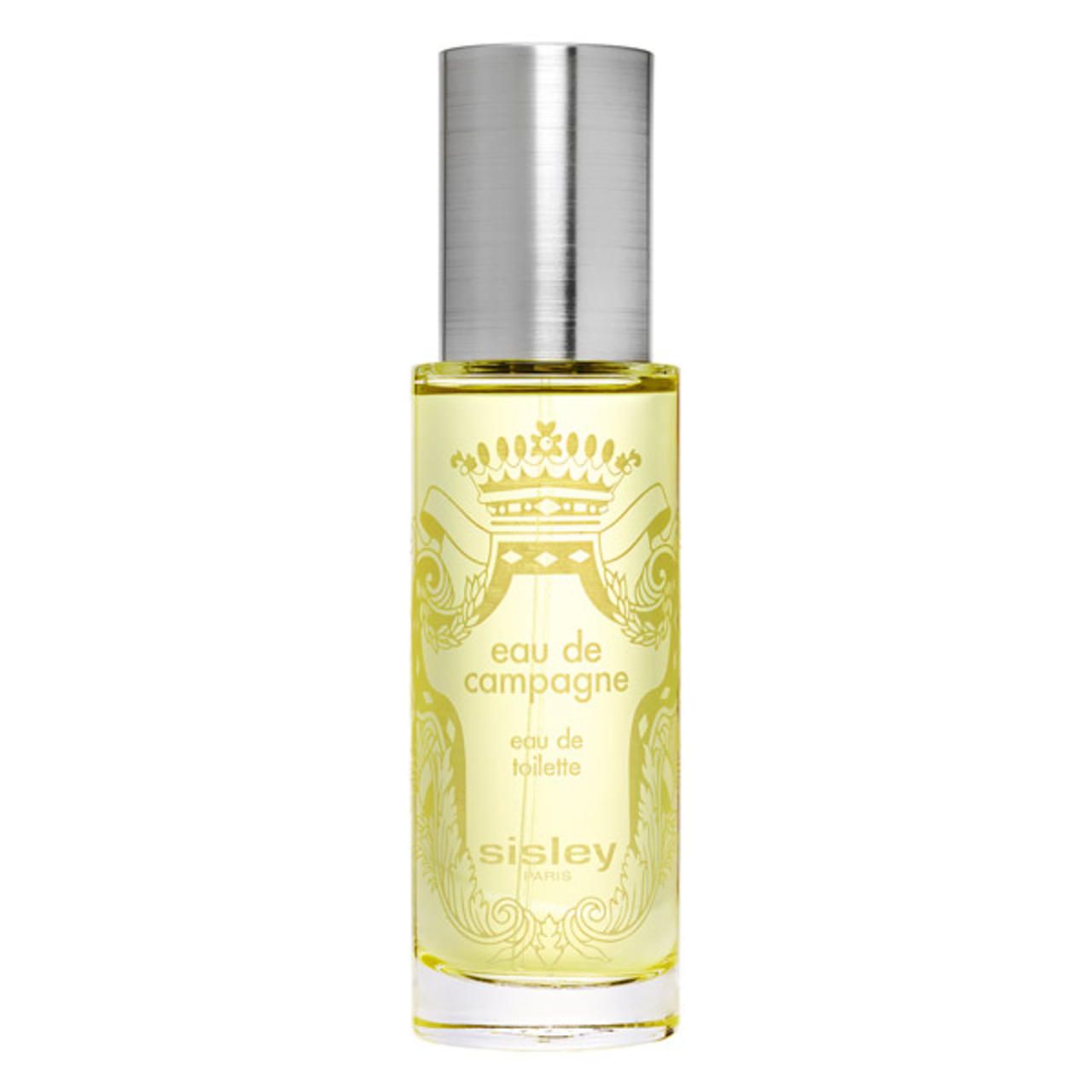 Parfümflakon mit silbernem Deckel. Aufschrift: Eau de Campagne, Eau de Toilette, Sisley Paris.