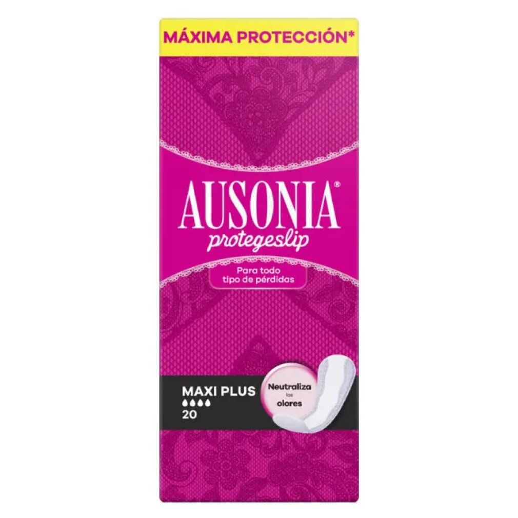 Verpackung von Ausonia Protegeslip Maxiplus Slipeinlagen. Rosa-weißes Design mit Produktnamen und Beschreibung. 20 Stück.