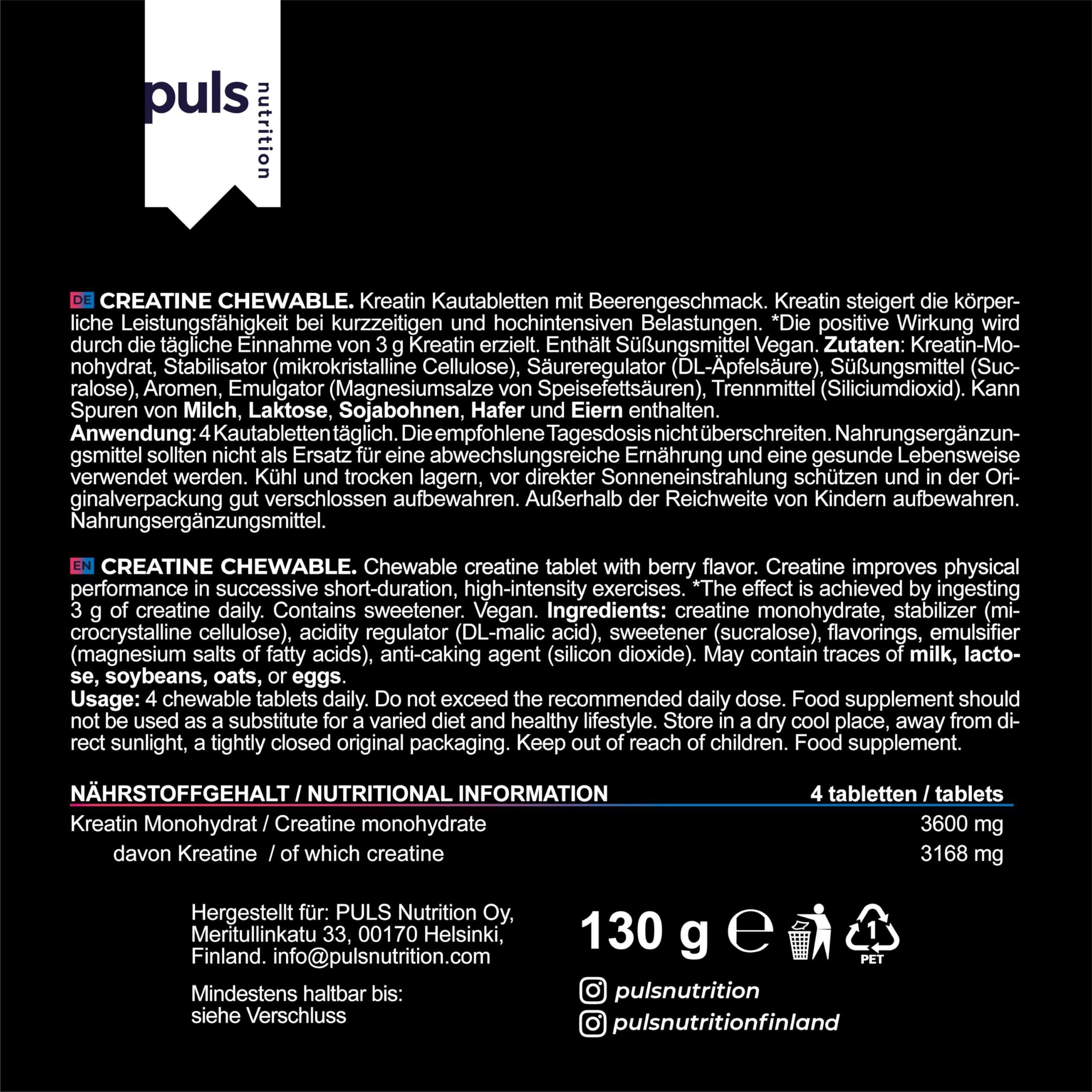 Rückseite einer Dose "Puls Nutrition Creatine Chewable" mit Nährwertangaben und Inhaltsstoffen.