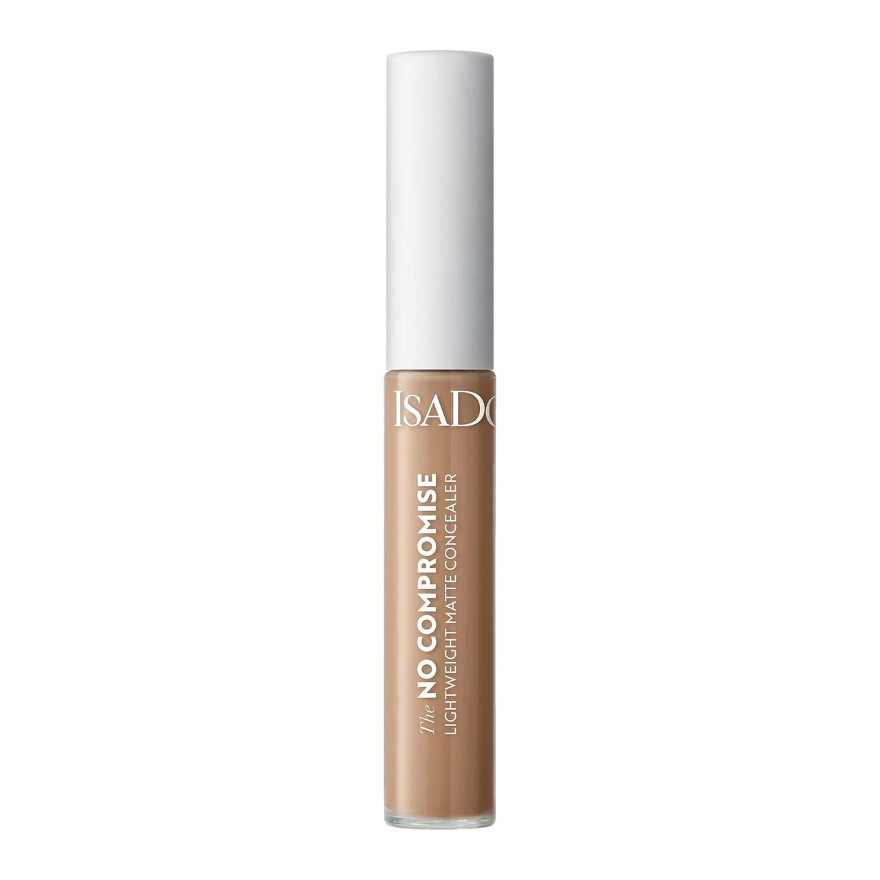 IsaDora No Compromise Concealer. Beige Tube mit weißem Deckel. Aufschrift: No Compromise Lightweight Matte Concealer.
