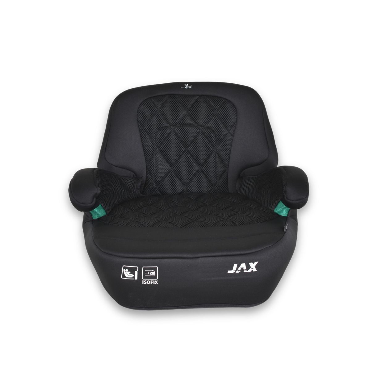 Schwarzer Kindersitz-Booster mit integrierter Kopfstütze und Isofix-Befestigung. Seitenansicht.