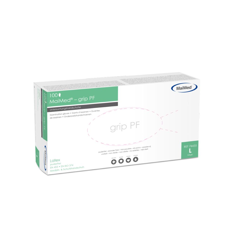 Weiße Box mit grünen Akzenten. Aufdruck: MaiMed - grip PF. Enthält 100 Handschuhe. Größe L.