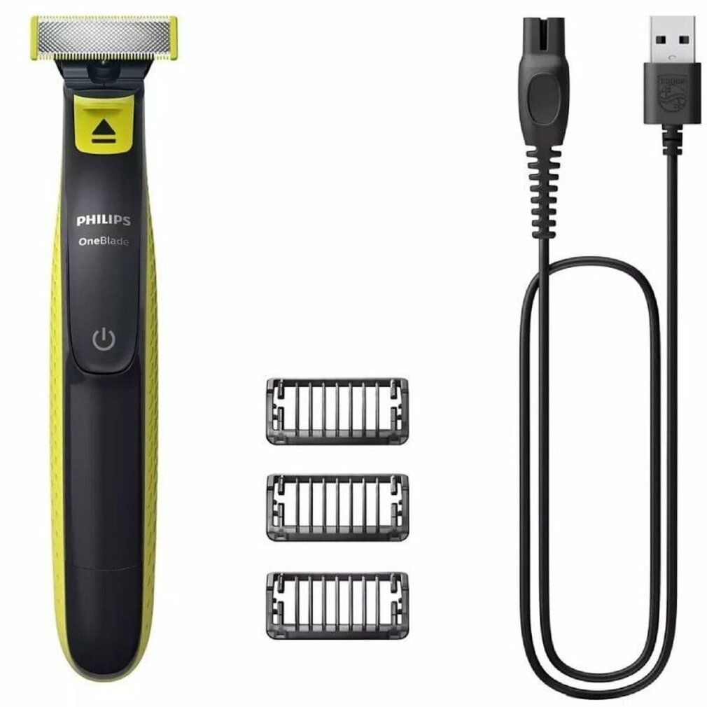 Barttrimmer, schwarz-gelb, mit drei Aufsätzen und Ladekabel. Marke Philips OneBlade.