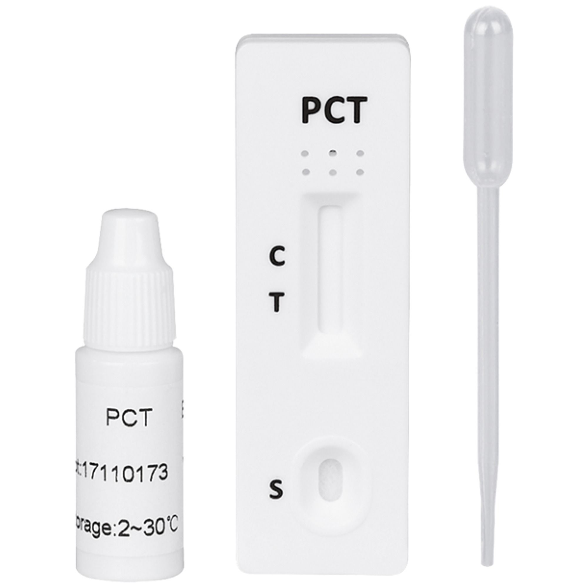 PCT-Schnelltest-Kit mit Pipette und Reagenzflüssigkeit. Testkassette mit Feldern C, T und S.