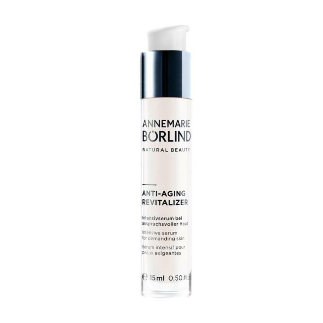 Serumflasche mit Pumpe. Text: Anti-Aging Revitalizer, 15 ml. Marke: Annemarie Börlind.
