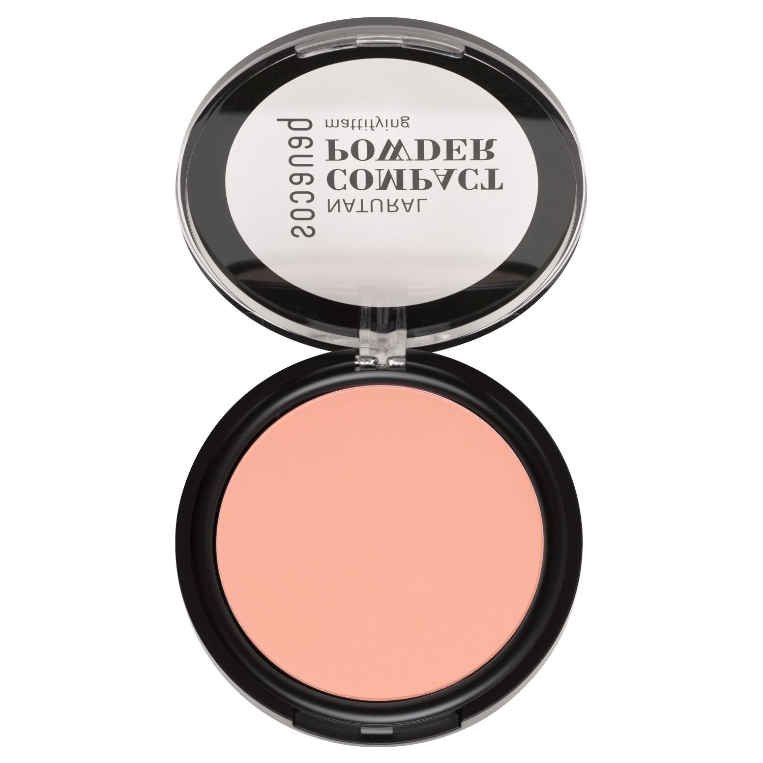 Benecos Natural Compact Powder, mattierend, in einem offenen schwarzen Behälter.