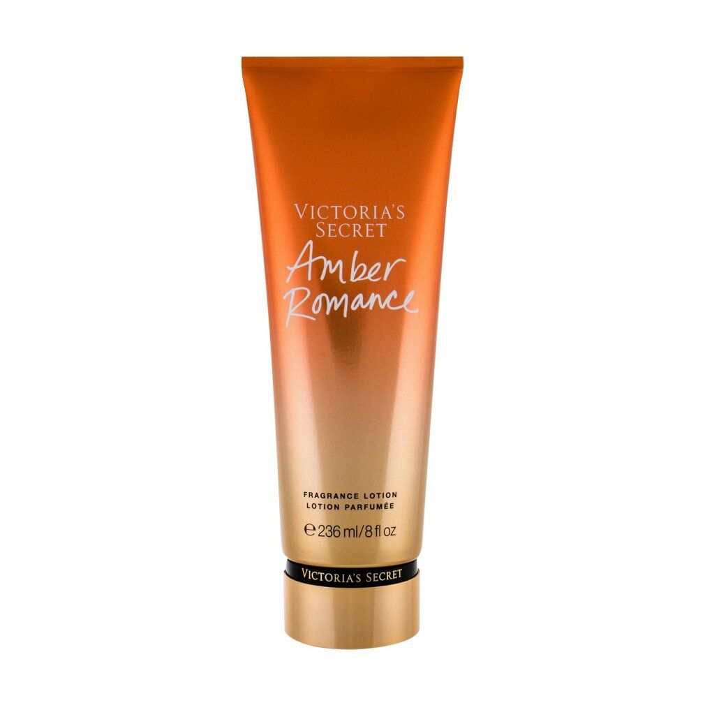 Orangefarbene Tube mit goldfarbenem Deckel. Aufschrift: Victoria's Secret, Amber Romance. Text: Fragrance Lotion.